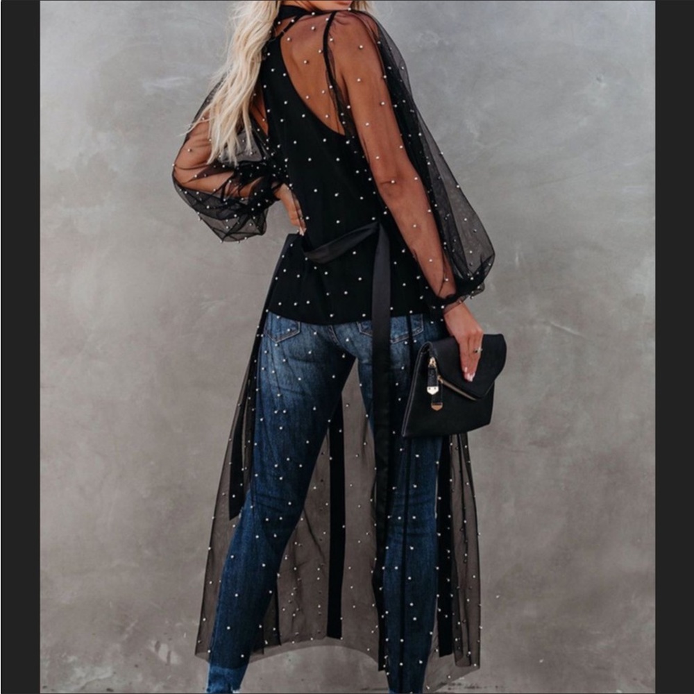 1 Left! Black Tulle Open Front Duster Kimono w/Silver Beads - Picture 3 of 9